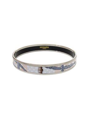 Hermes Enamel PM Metal Silver Blue Bangle Bracelet